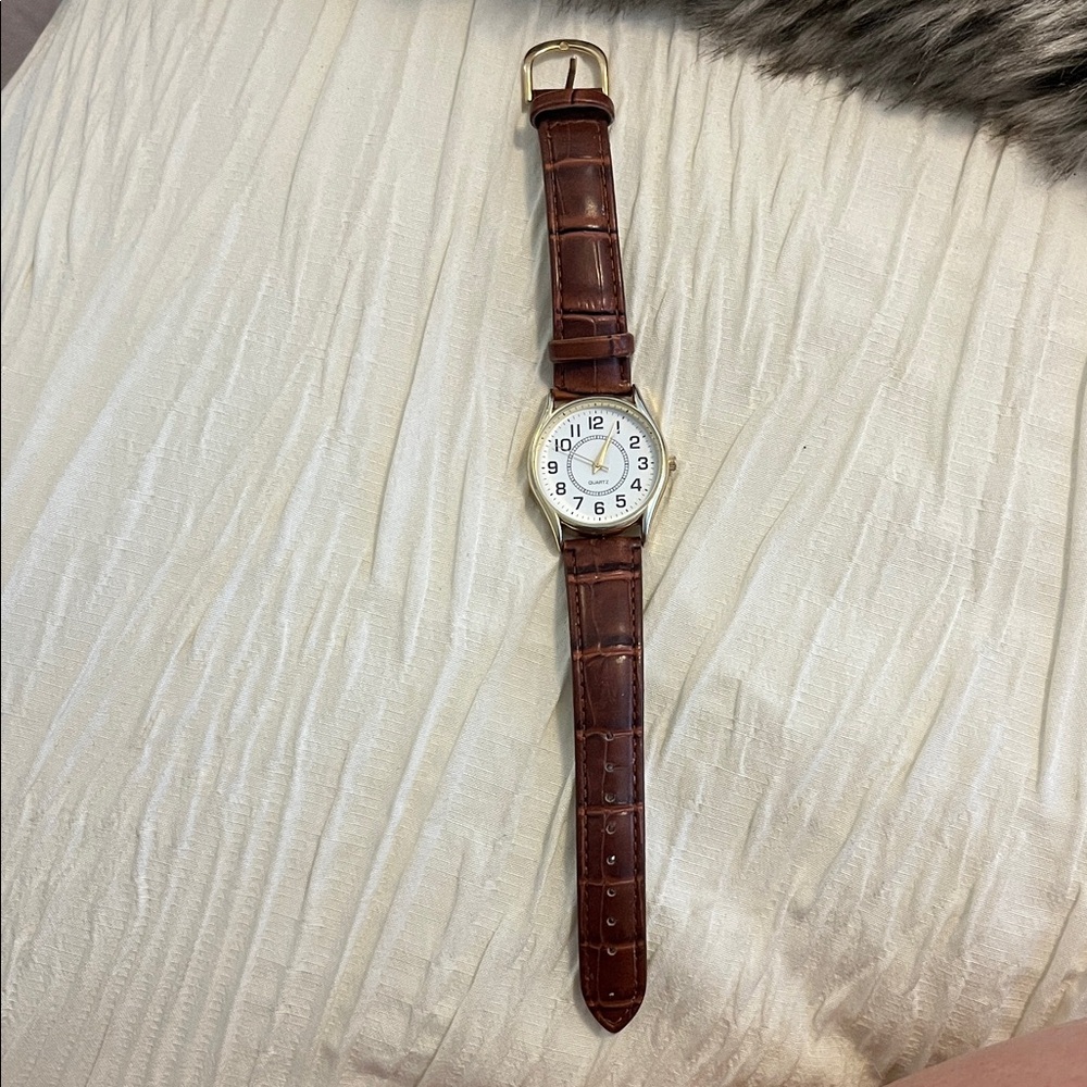 Classic Brown Leather Strap Women's Watch with White Dial